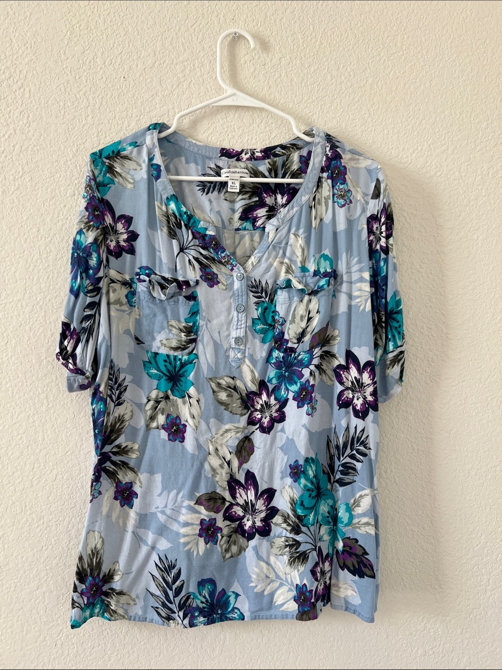 croft & barrow Light Blue Floral Henley Blouse